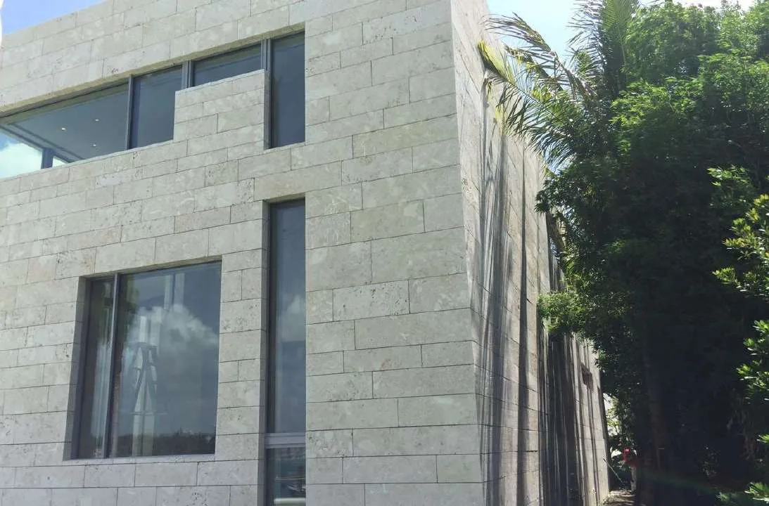 Detail of the Dominican coquina facade showing the fossil texture of the stone
