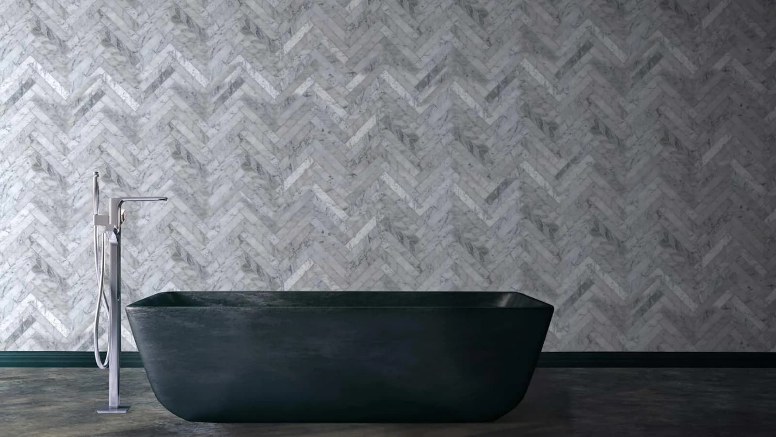 Bathroom with a marble herringbone tile wall