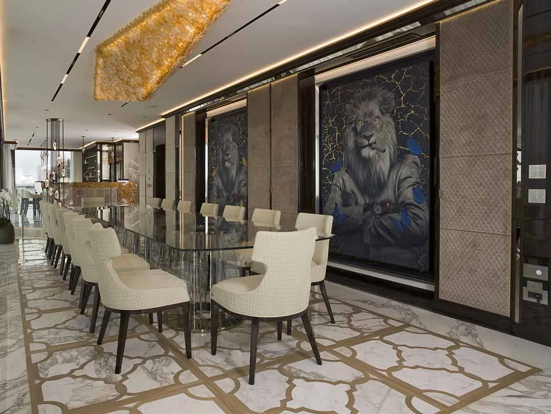 Cappelli Trading - Donati Legnami luxury dining room with wood and marble inlaid flooring