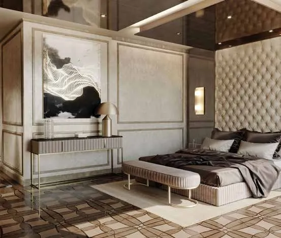 Cappelli Trading - Donati Legnami master bedroom with artisanal wood and marble inlaid floor