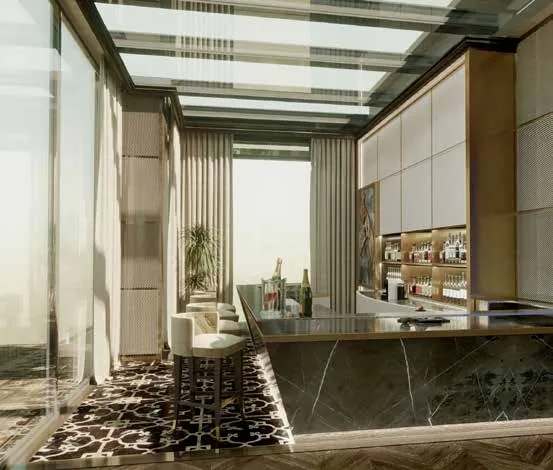 Cappelli Trading - Donati Legnami penthouse bar with wood and dark marble inlaid flooring