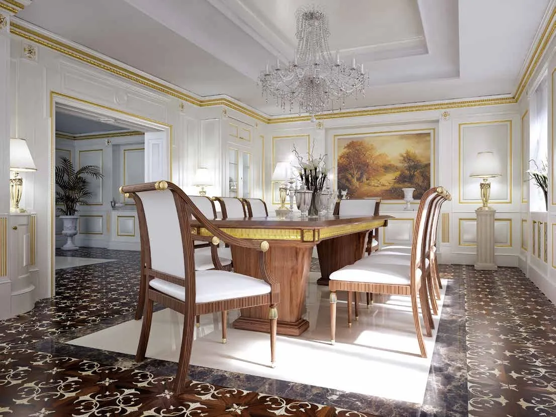 Cappelli Trading - Donati Legnami grand dining room with ornate wood and marble inlay floor