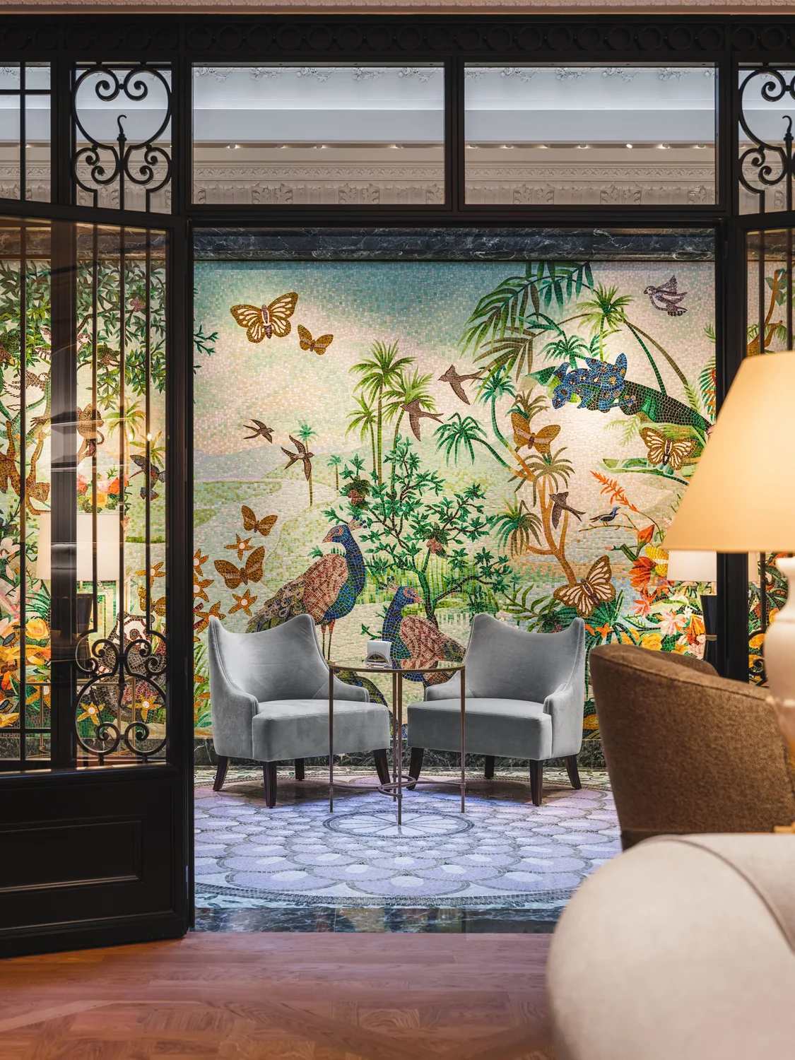 Room with a decorative mosaic wall
