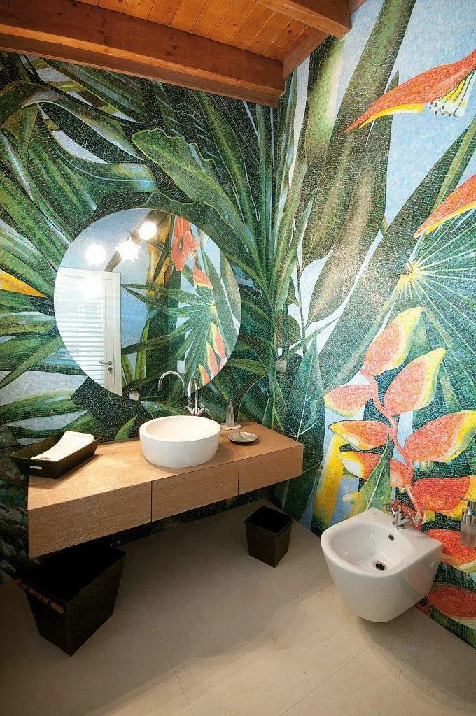 Powder room with a vivid tropical foliage mosaic wall