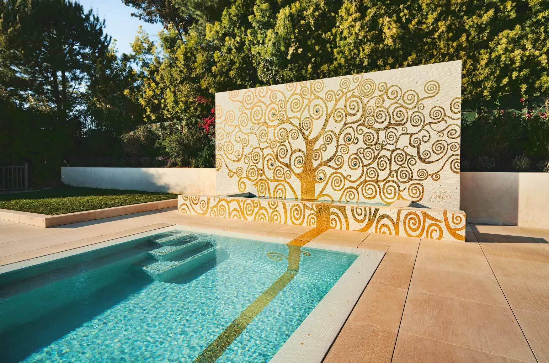 Beverly Hills mosaic pool at dusk