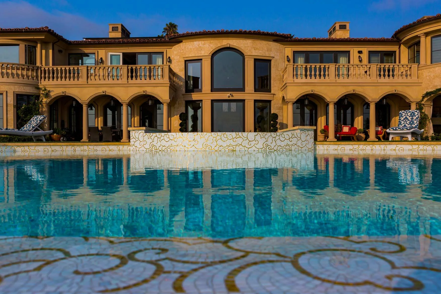Gold-leaf mosaic detail in the Los Angeles pool