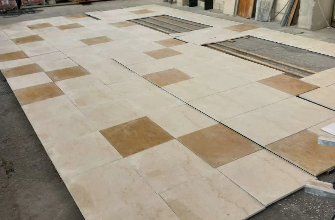 Checkerboard marble floor dry-laid for inspection
