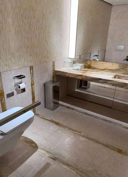 Powder room in marble with a terrazzo floor band