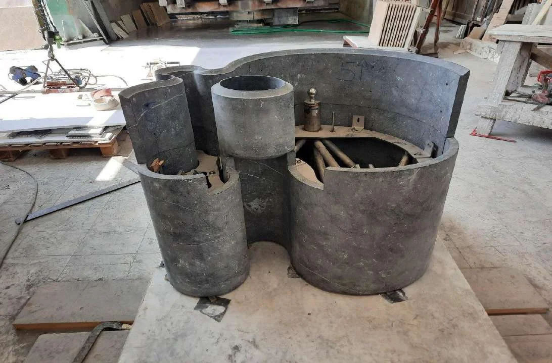 Curved stone elements under fabrication in the workshop