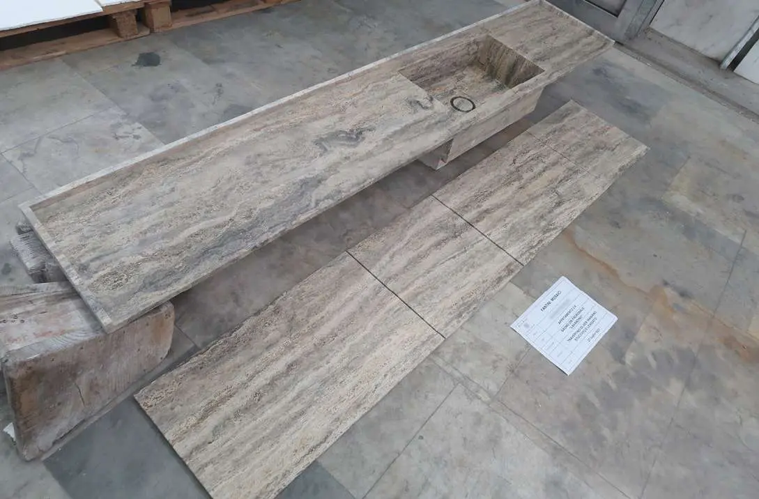 Travertine counter under fabrication in the workshop