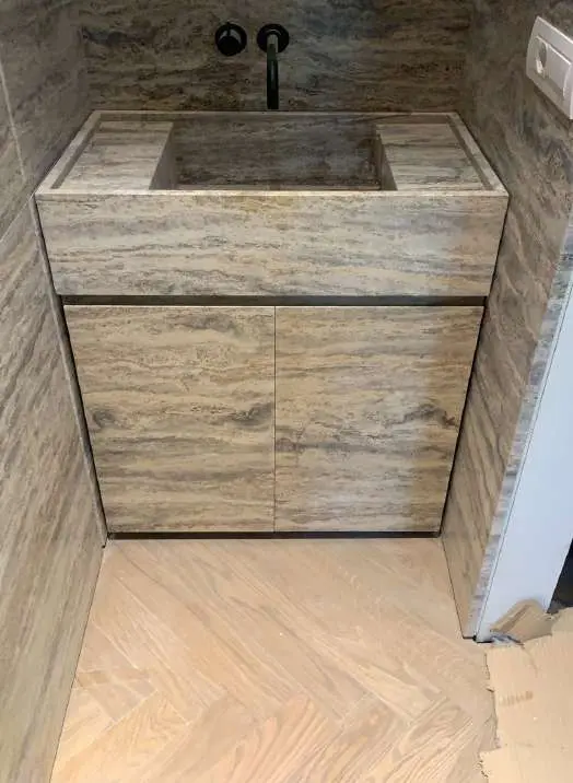 Freestanding Travertino Silver vanity block with an inset sink