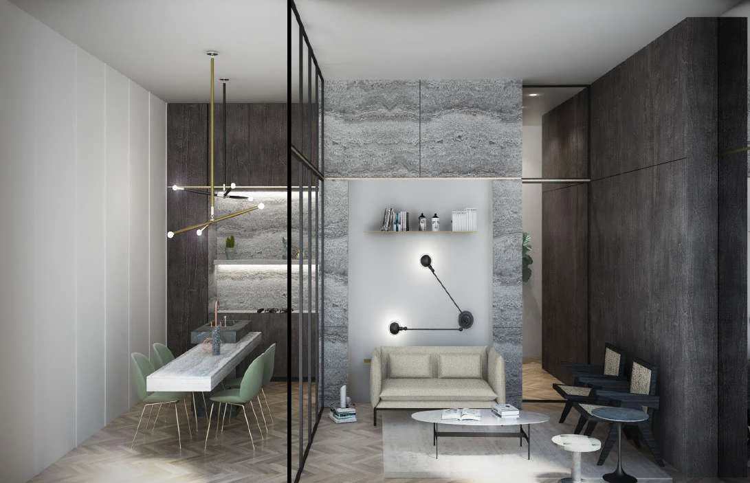 Dining and living area with a Travertino Silver feature wall behind a glass partition