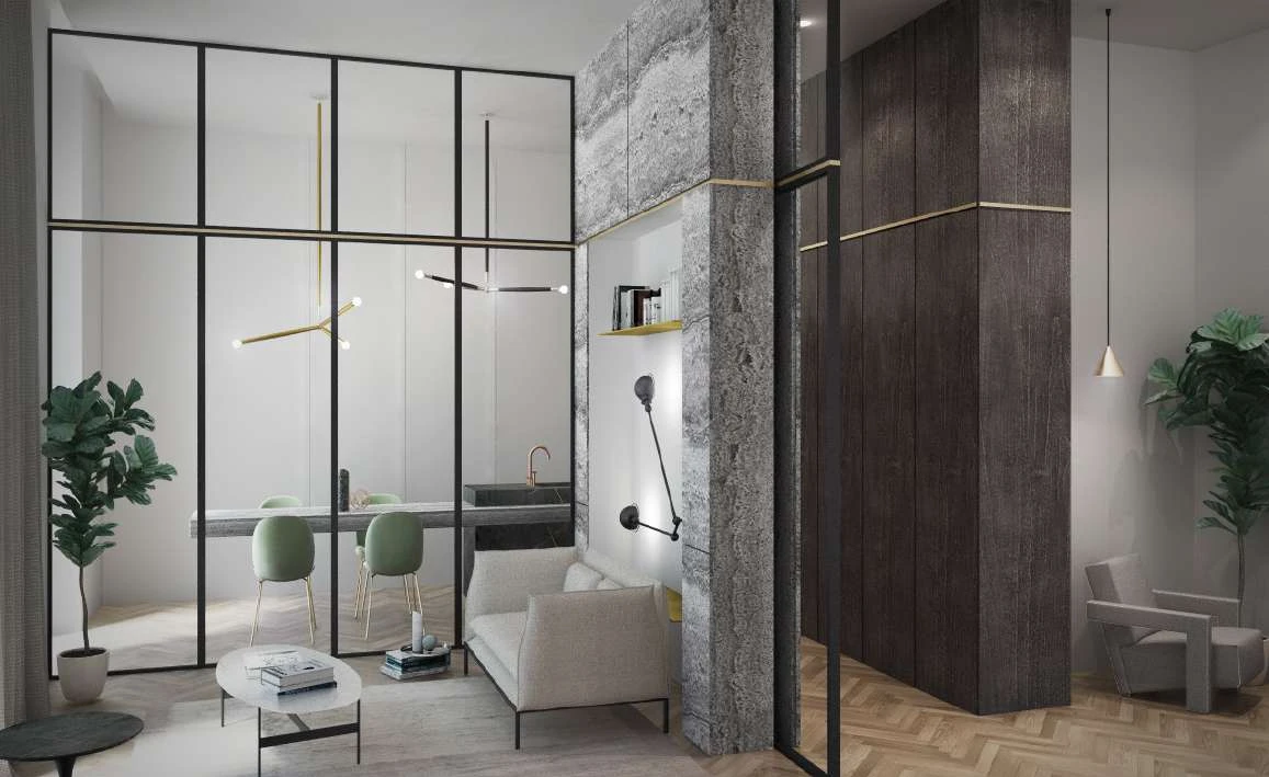 Travertino Silver feature wall and column in the open living and dining space of a Milan apartment