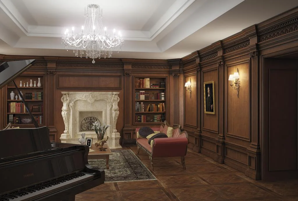 Wood-panelled Parisian music room with walnut boiserie and a grand piano