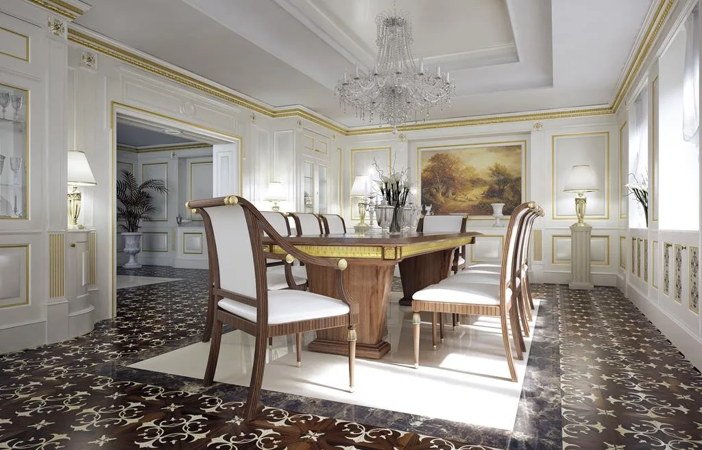 Classical dining room with an inlaid wood and marble floor and a walnut table