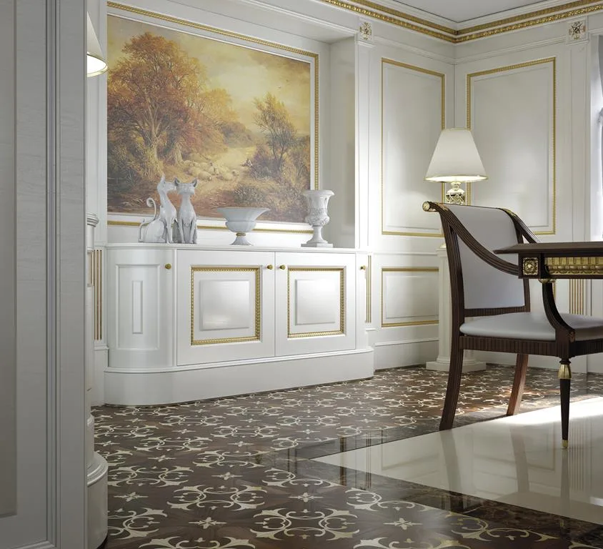 Wood and marble floor inlay detail in the Saint Petersburg residence