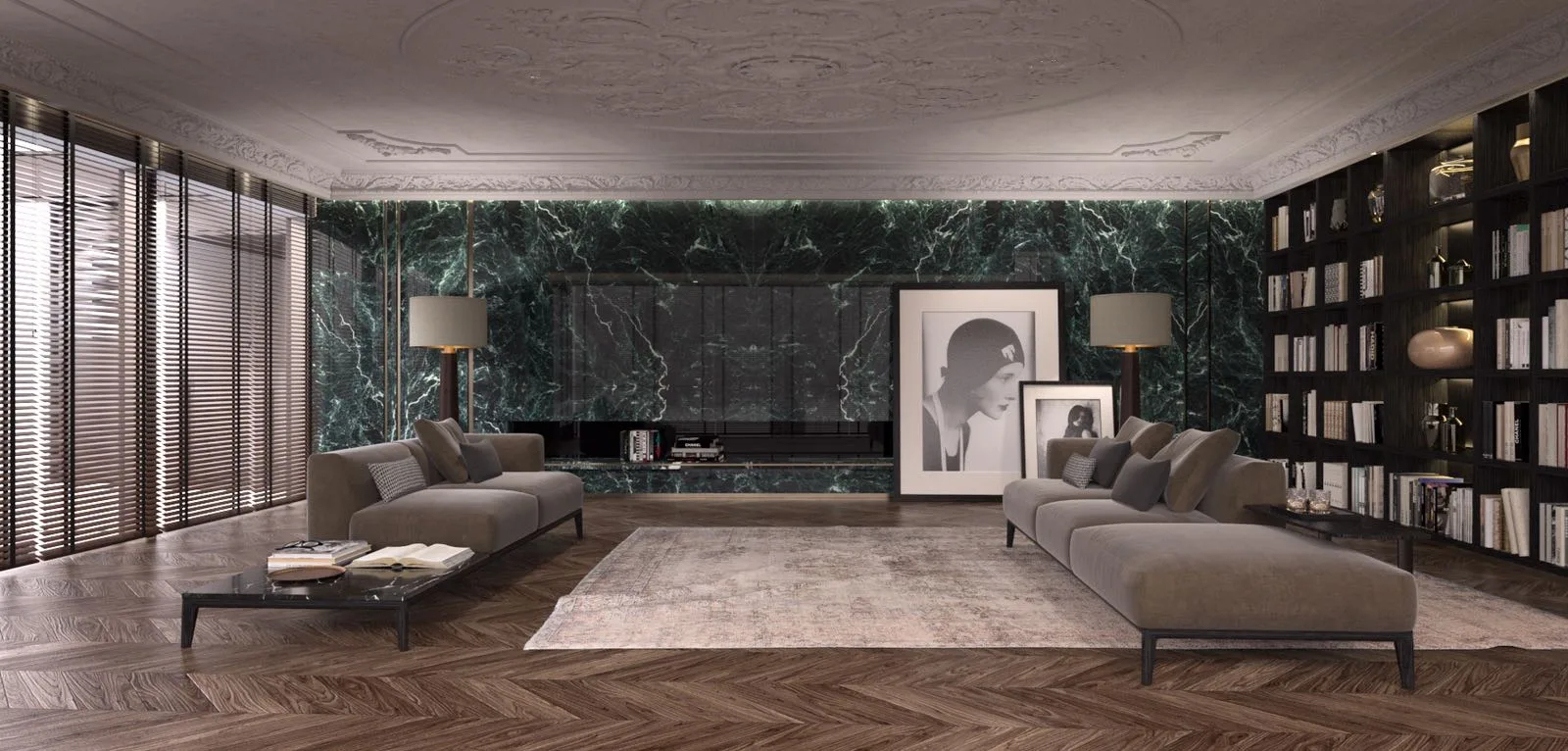 Contemporary Shenzhen living room with dark walnut herringbone parquet and a green marble wall