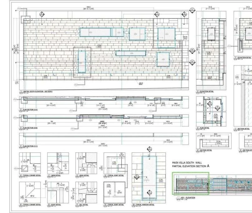 Shop drawing of the south elevation with sections and construction details