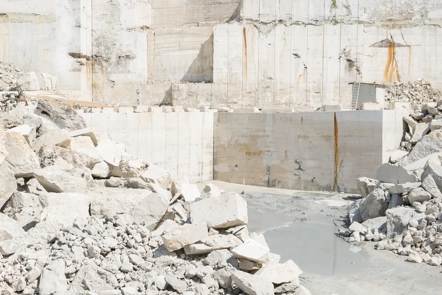 White marble quarry in Italy with cut blocks