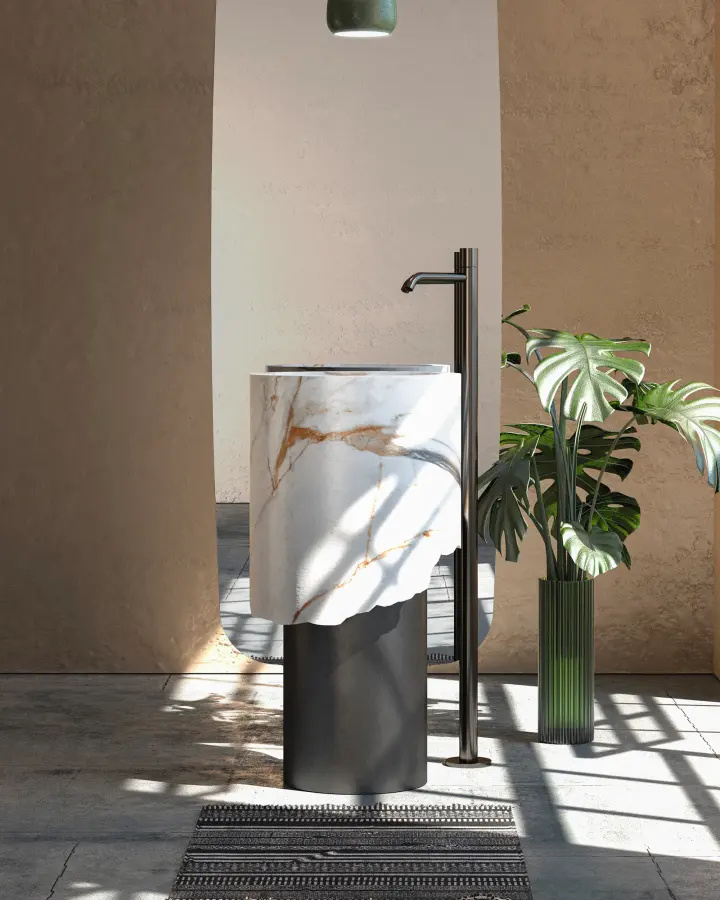 Boris freestanding marble washbasin in Calacatta Macchia Vecchia