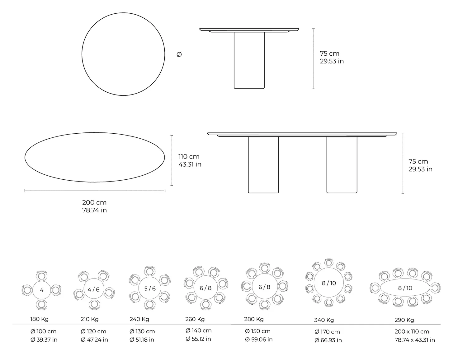 Bronze marble dining table: dimensioned drawing