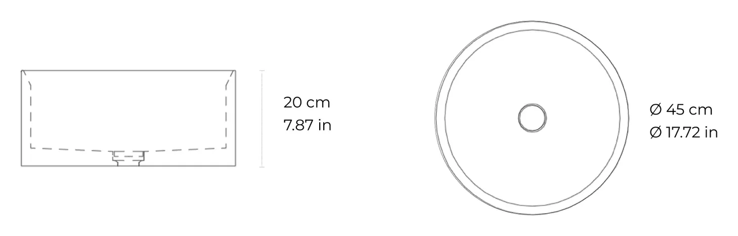 Circle Small countertop marble washbasin: dimensioned drawing