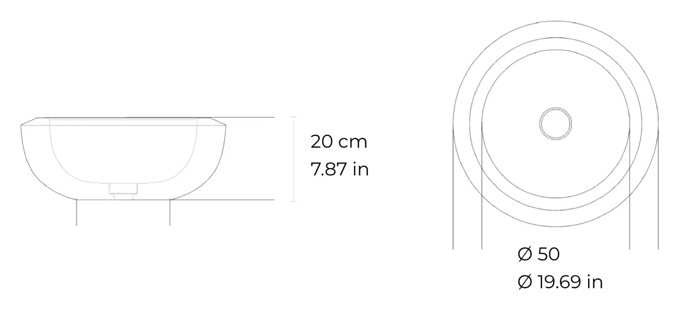 Cup countertop marble washbasin: dimensioned drawing
