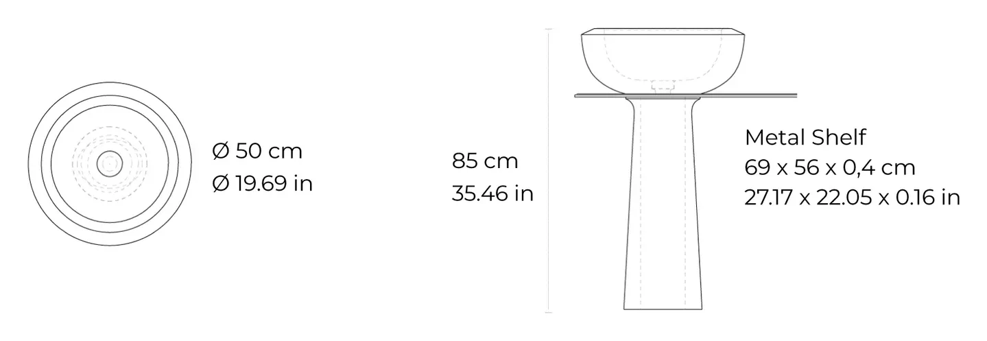 Cup freestanding marble washbasin: dimensioned drawing