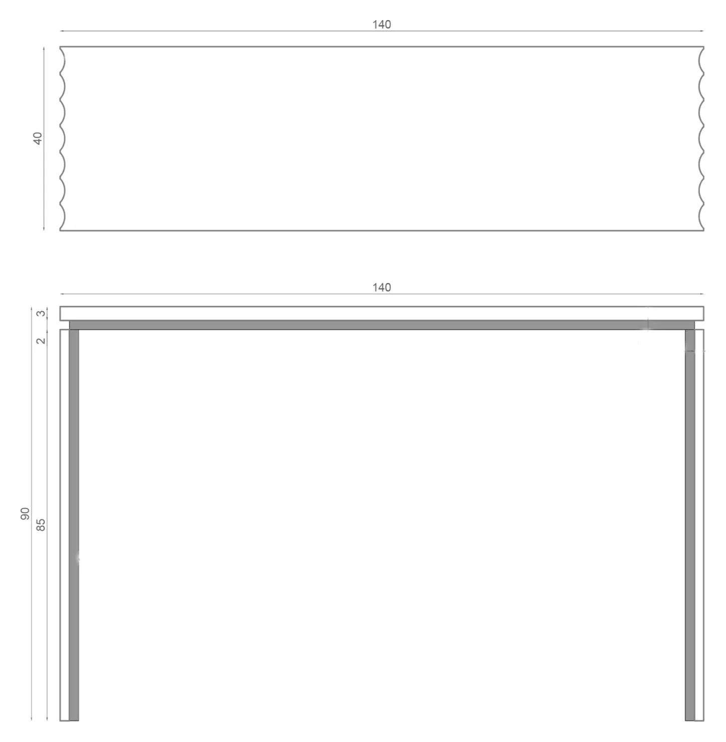 Curves marble console: dimensioned drawing