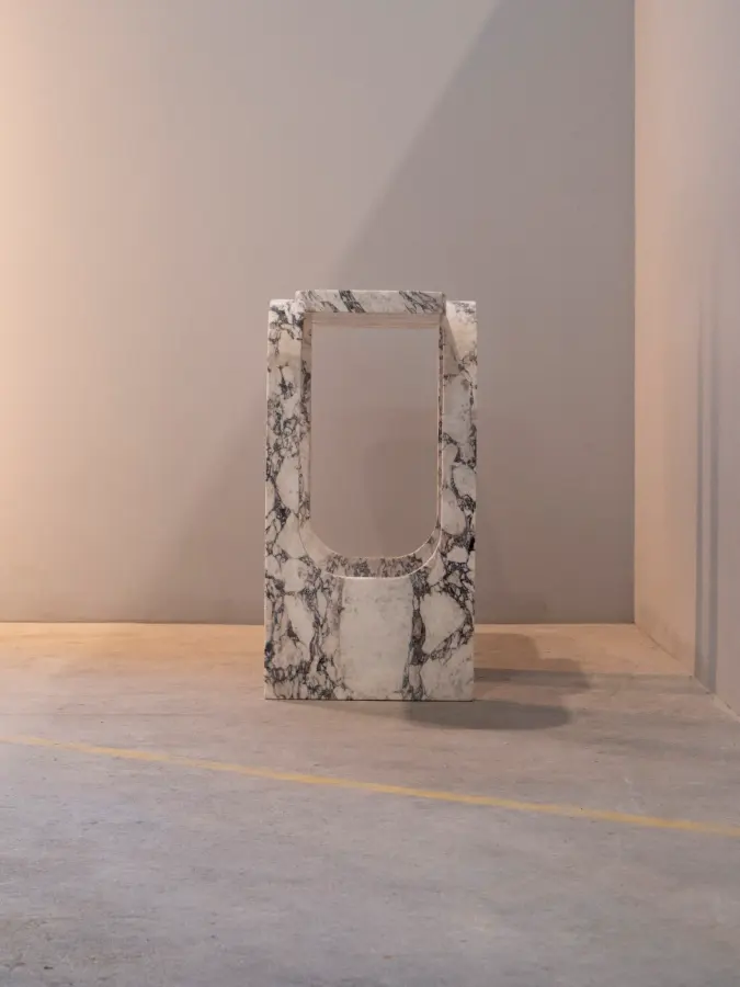 Cut and Fold marble console in Calacatta Macchia Vecchia