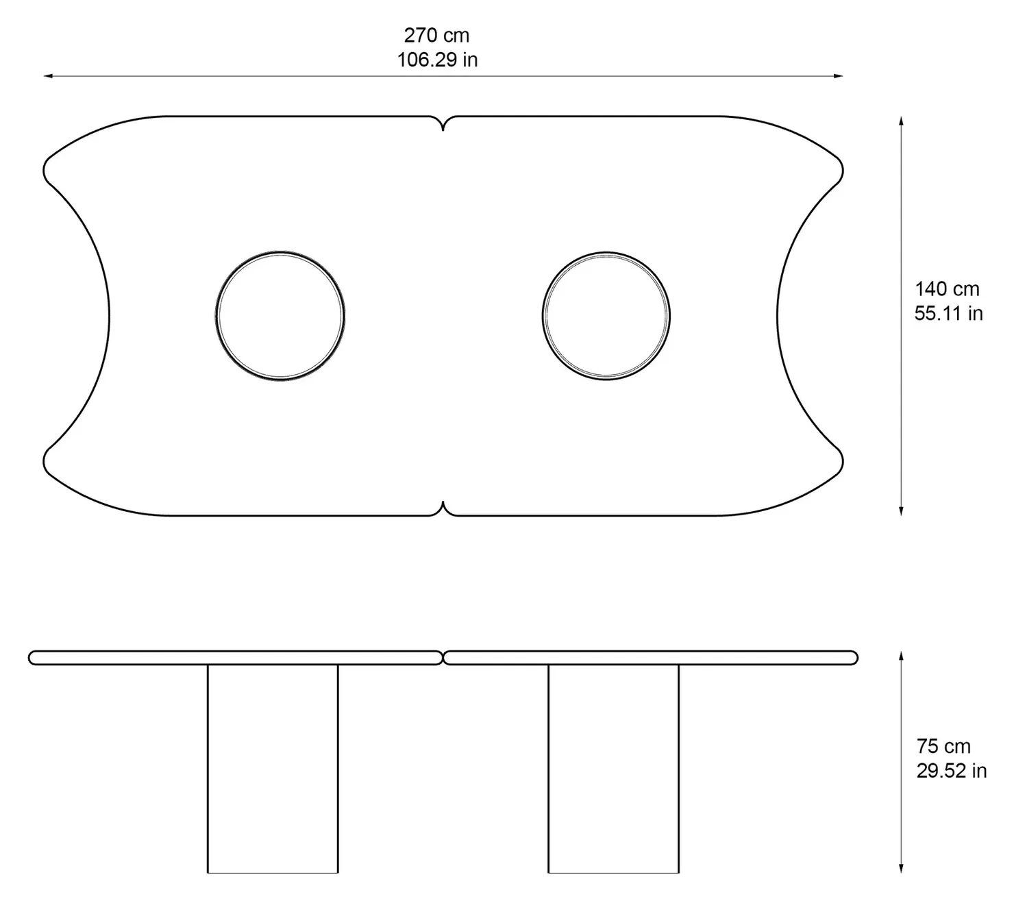 Éclipse marble dining table: dimensioned drawing