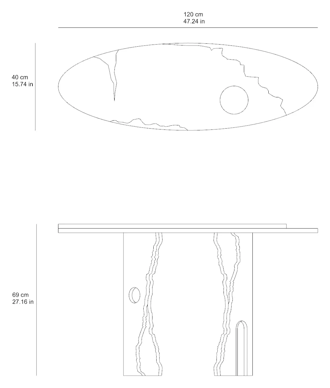 Empire marble console: dimensioned drawing