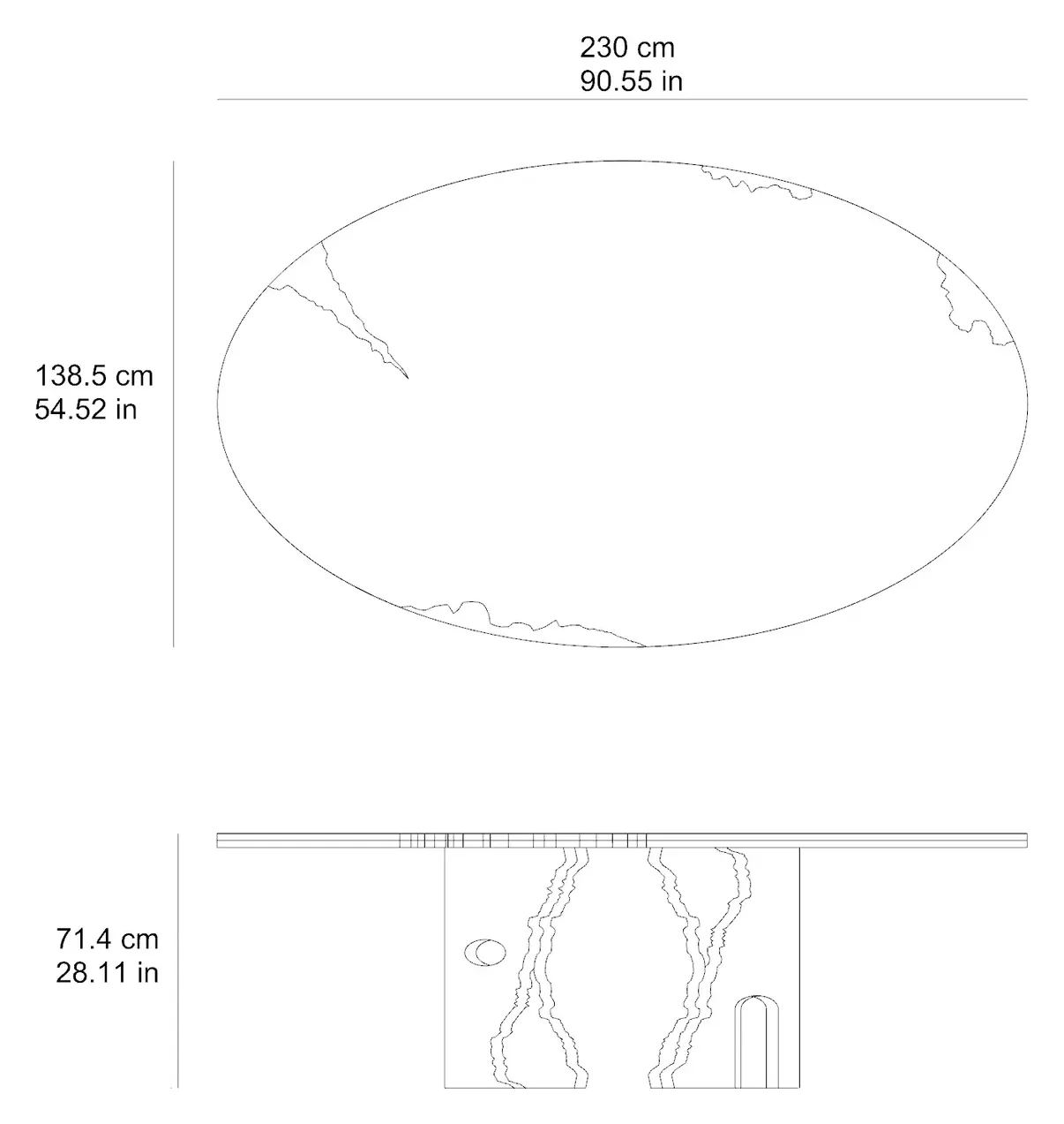 Empire marble dining table: dimensioned drawing