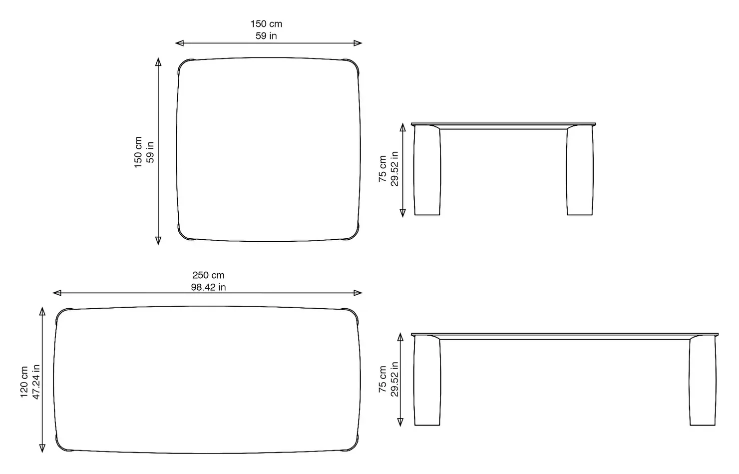 Levante marble dining table: dimensioned drawing