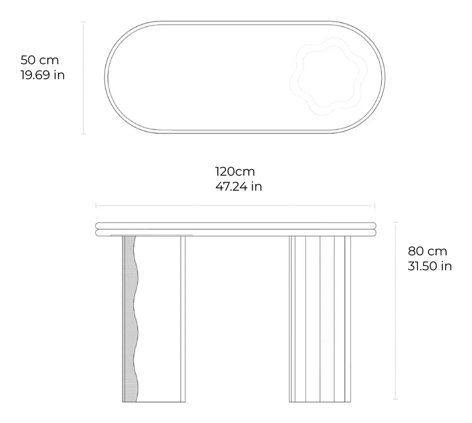 Onda marble console: dimensioned drawing