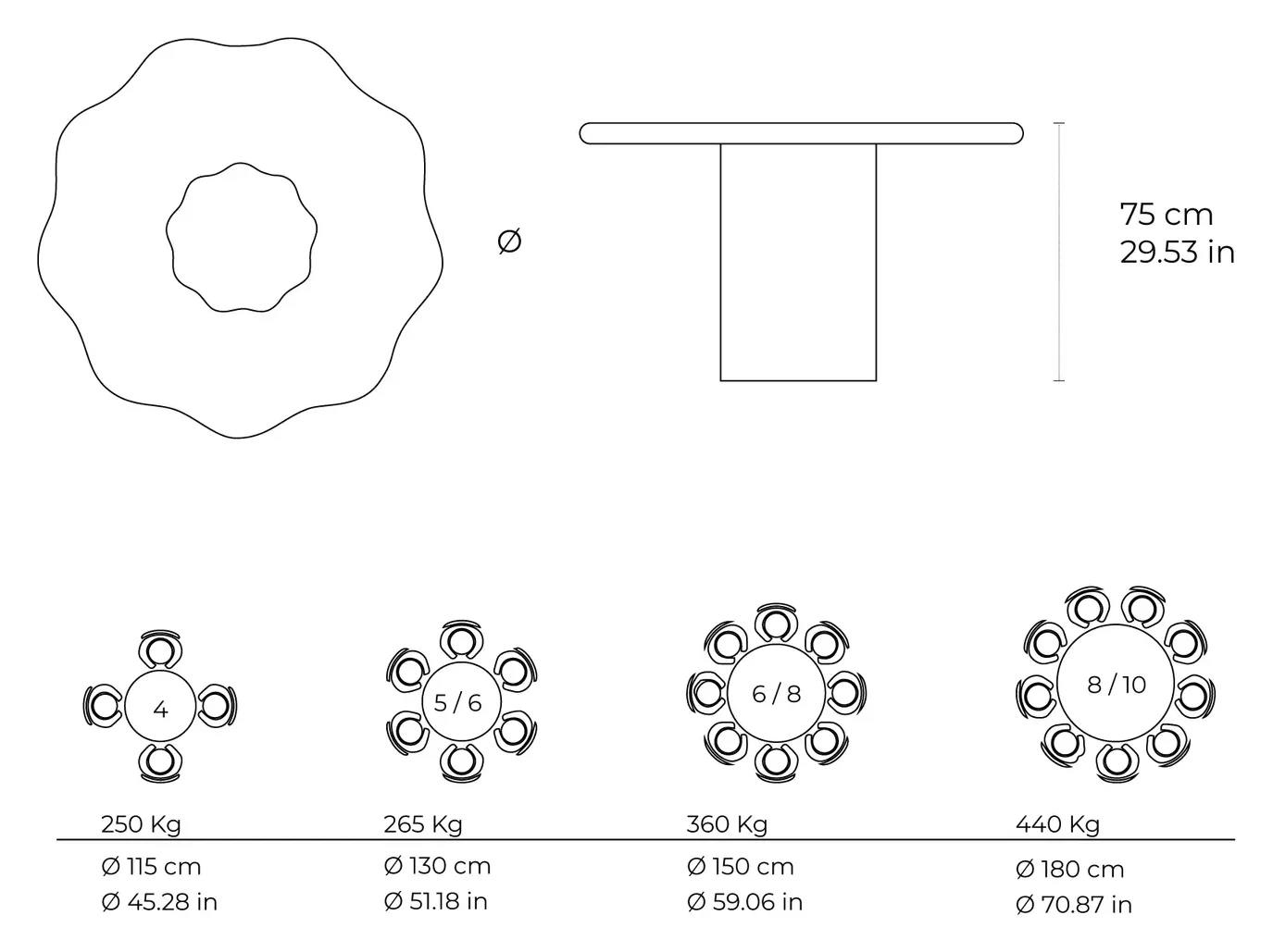 Onda marble dining table: dimensioned drawing