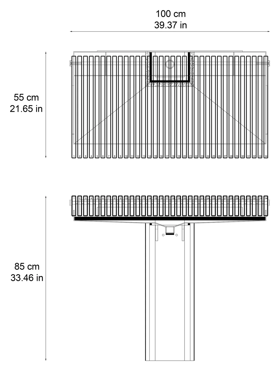 Piano wall-mounted marble washbasin: dimensioned drawing