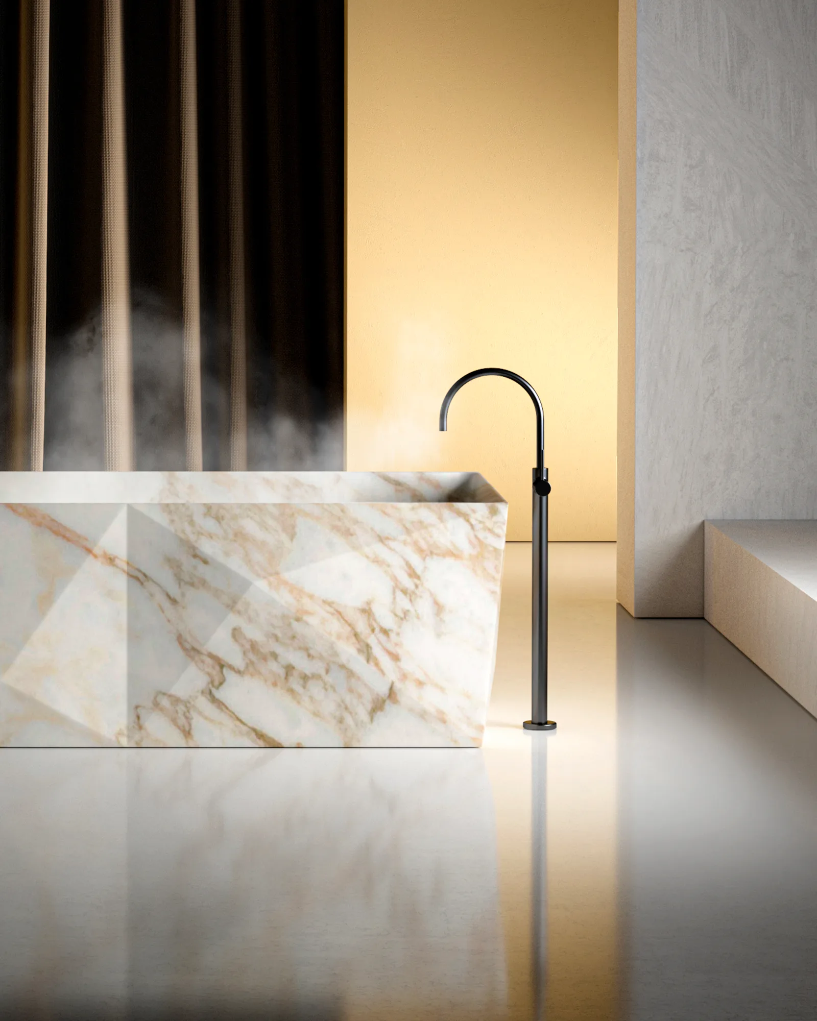 Faceted marble bathtub with a freestanding tap