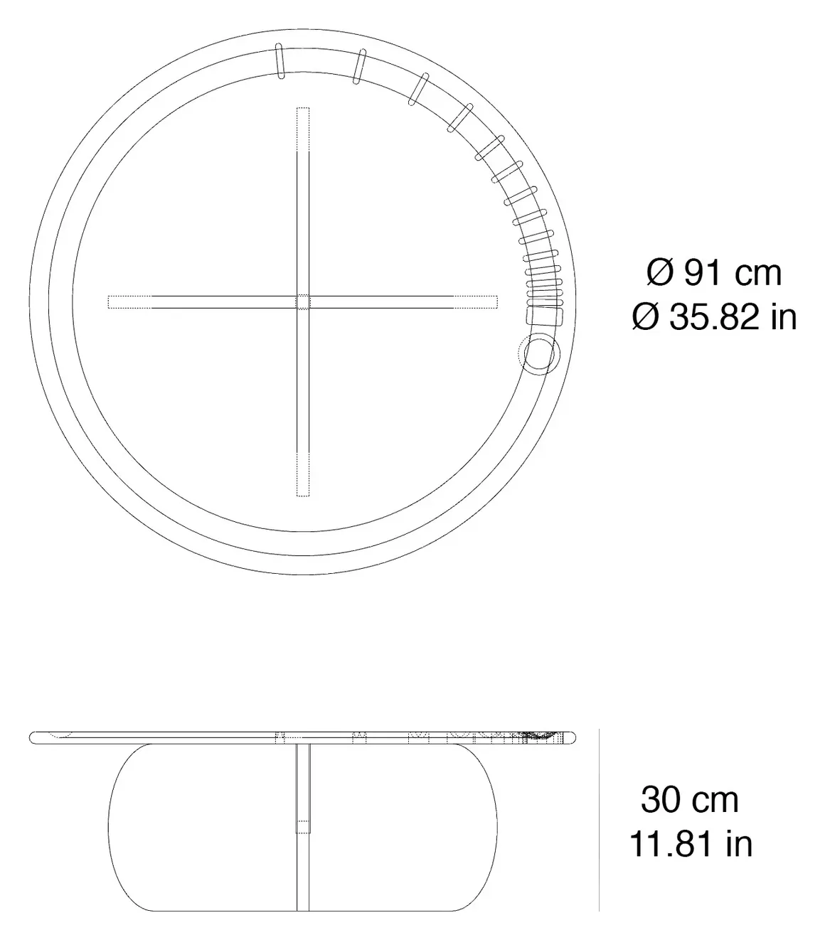 Roll Ball marble coffee table: dimensioned drawing