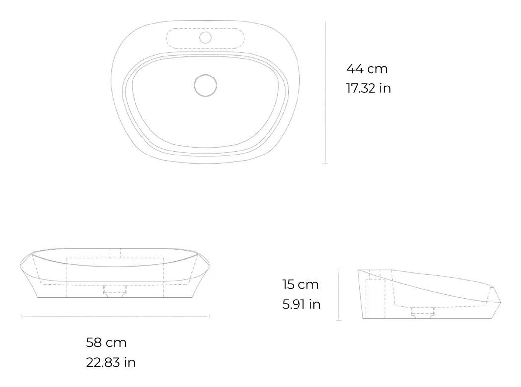 Tosca Small countertop marble washbasin: dimensioned drawing