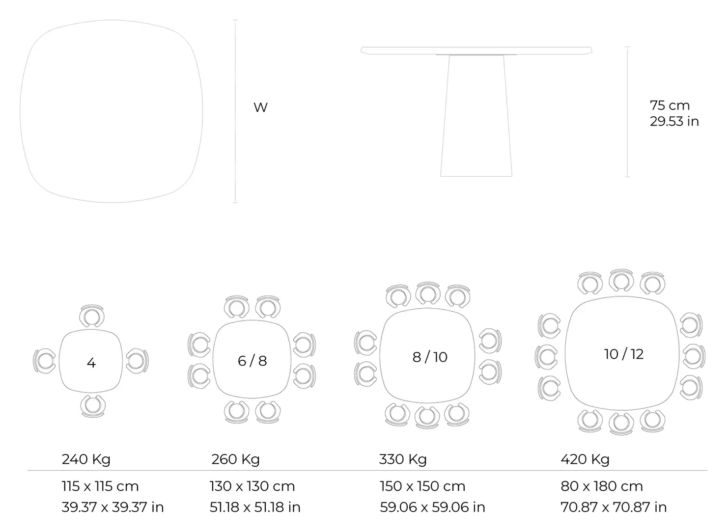 Wedge marble dining table: dimensioned drawing