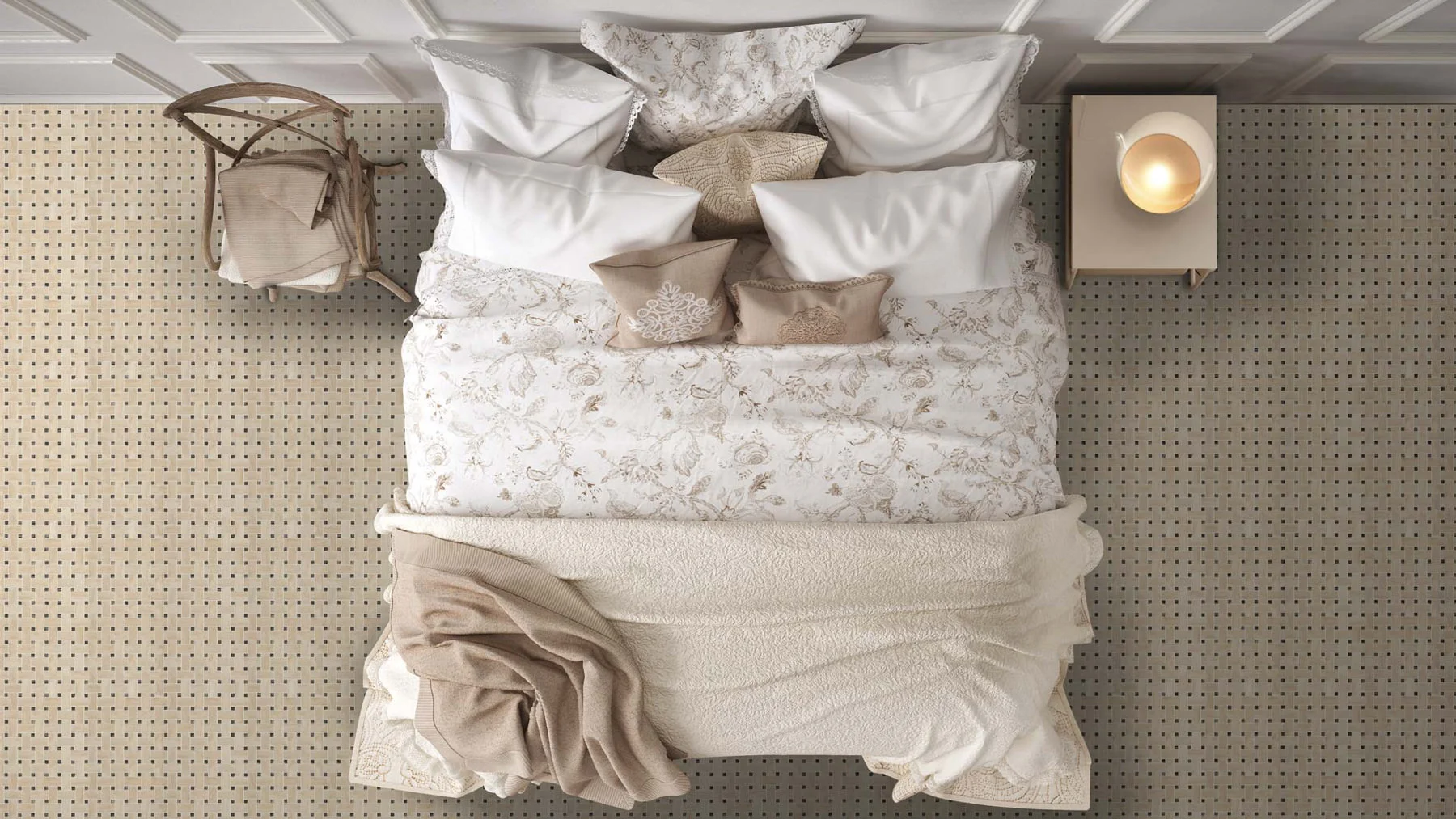 Bedroom with a Bianco Dei basket-wave marble wall