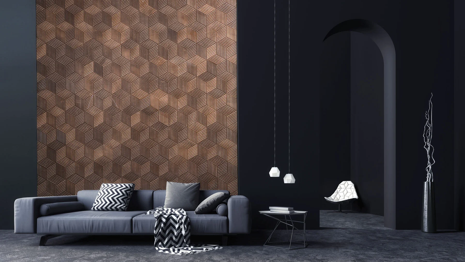 Living room with a rhombus marble feature wall