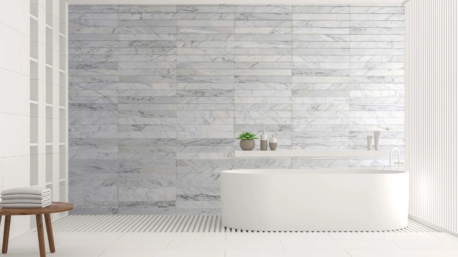 Bathroom with a three-dimensional marble wall