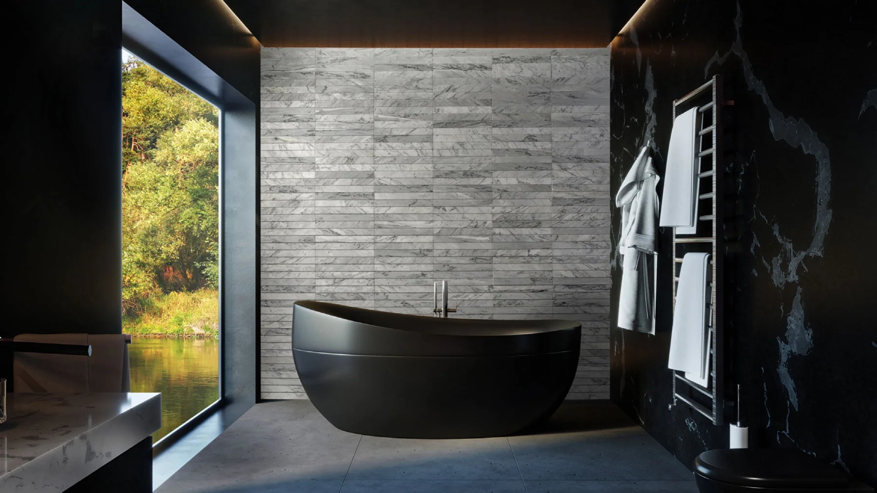 Bathroom with a three-dimensional marble wall and a view
