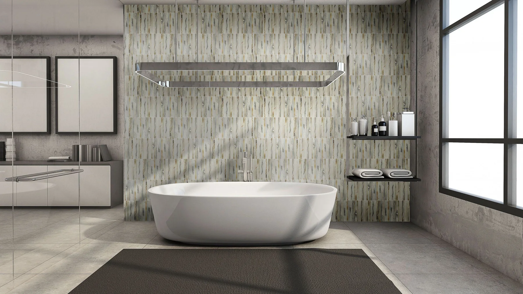 Bathroom with a three-dimensional white marble wall