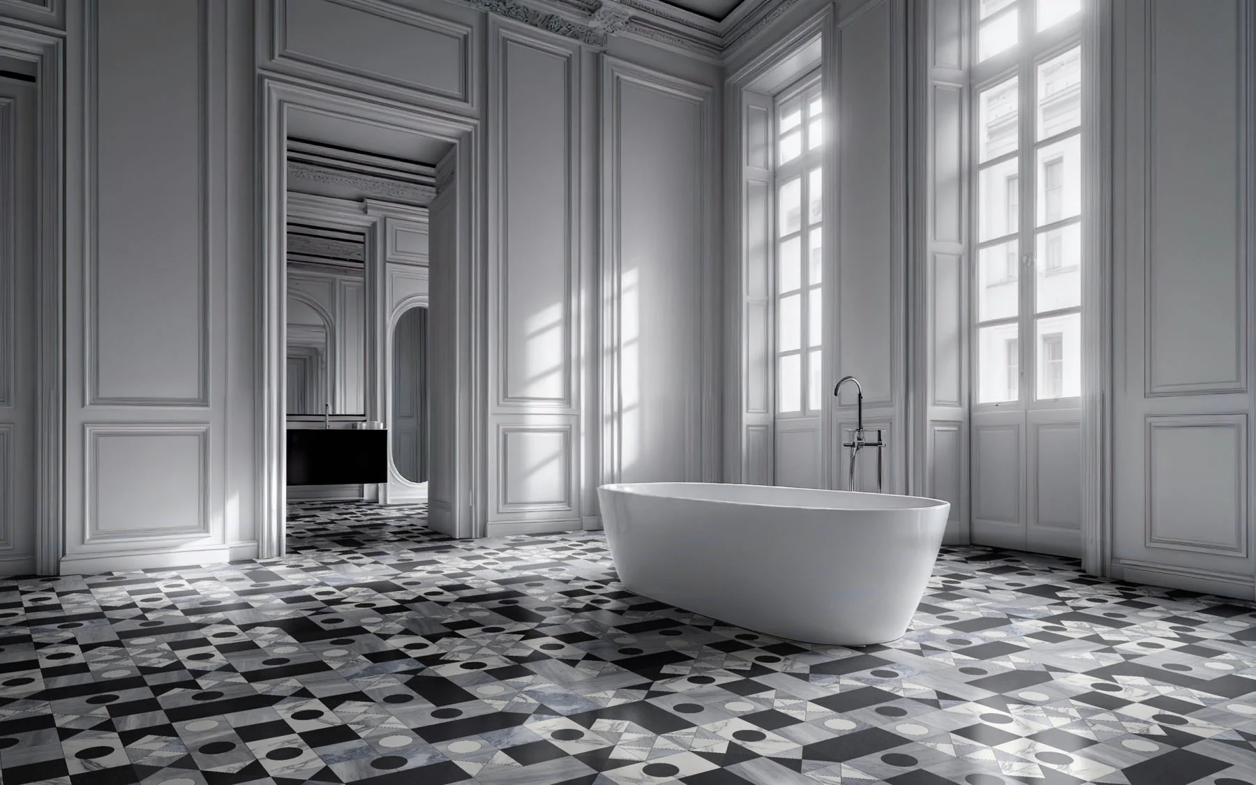 Bathroom with a marble Tetris feature wall