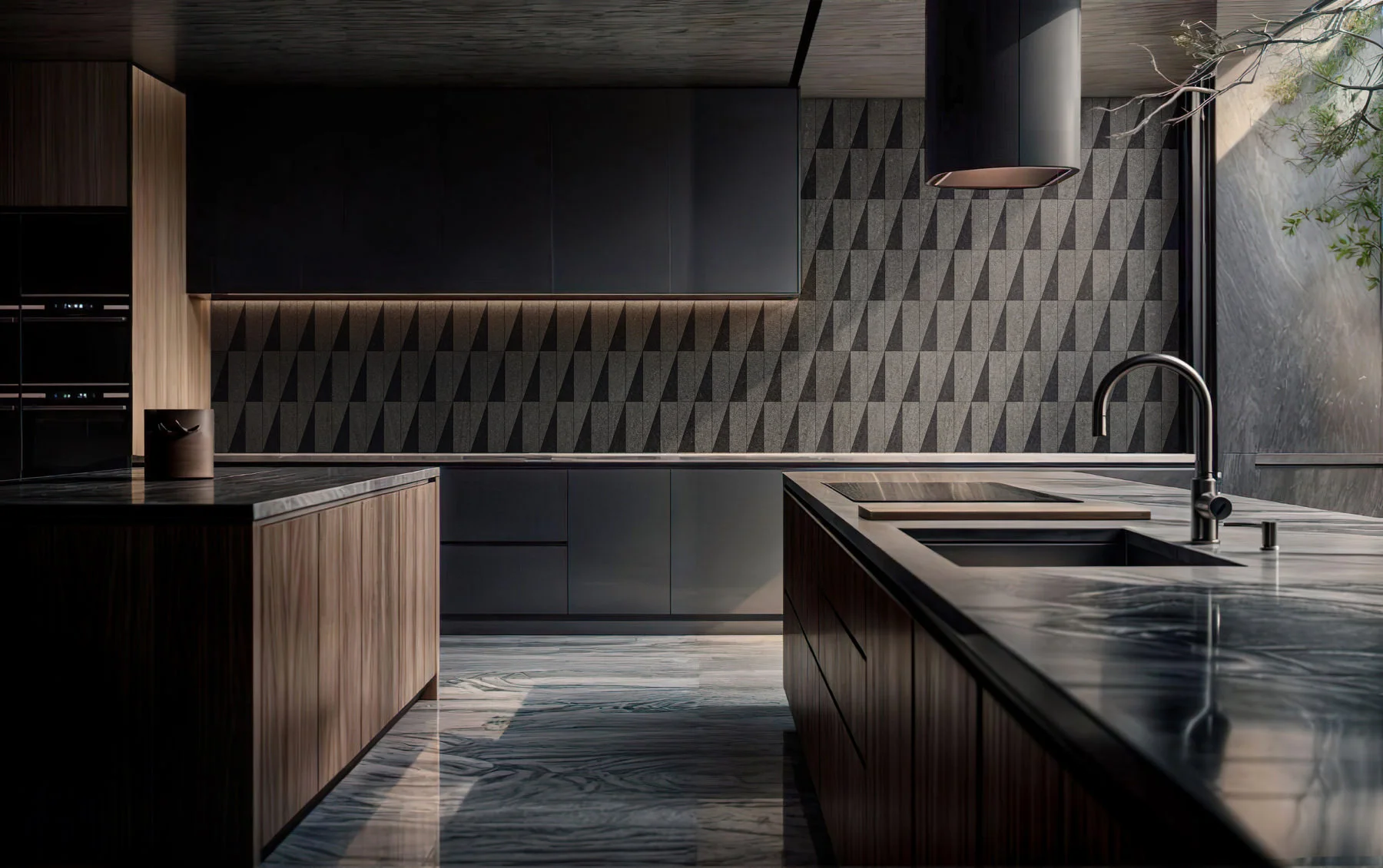 Kitchen with a marble Tetris feature wall