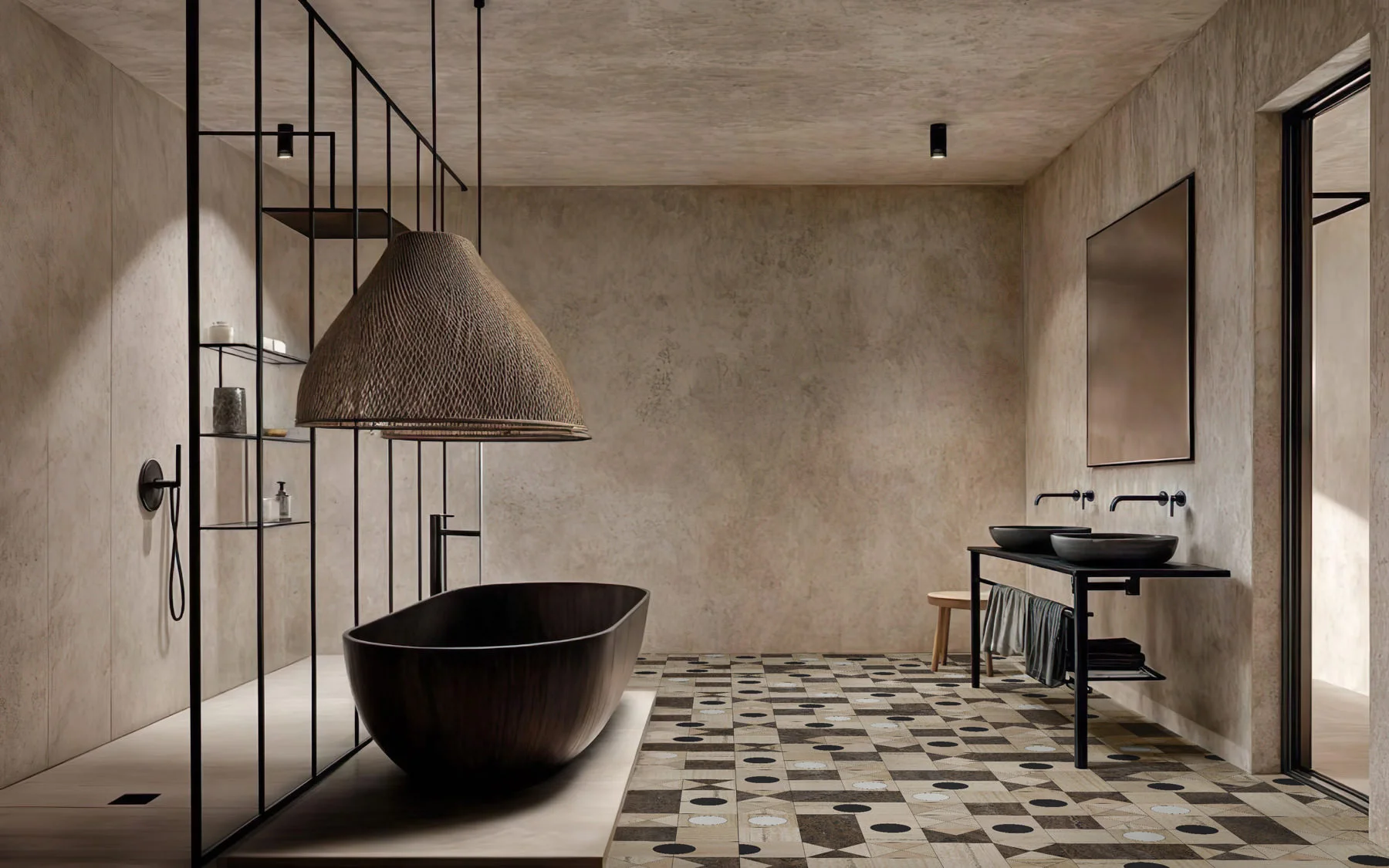 Bathroom with a dark marble Tetris feature wall
