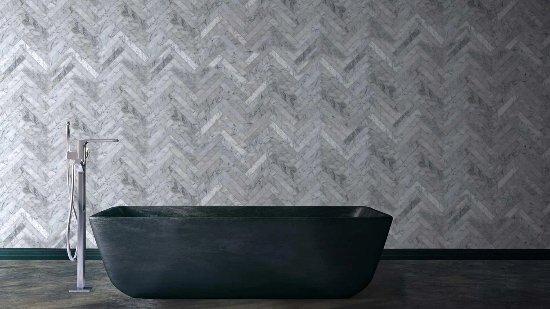 Bathroom with a Bianco Carrara marble herringbone wall
